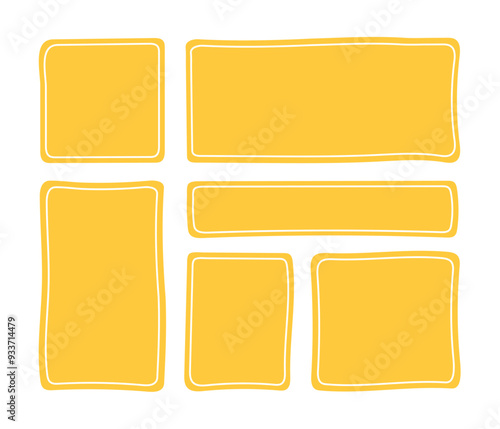 Hand drawn rectangular text boxes set. Yellow quote frames doodle style.