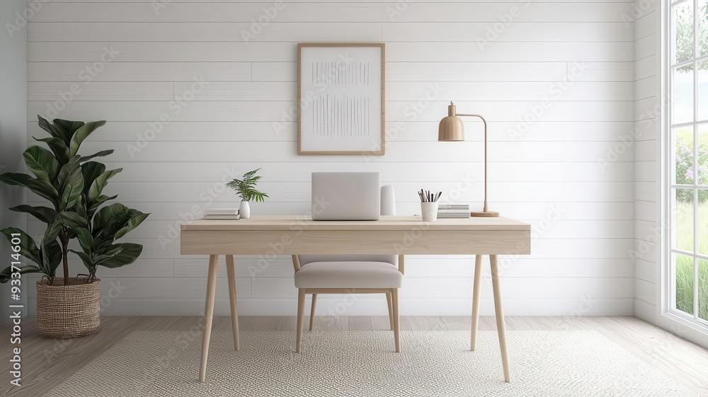 Fototapeta premium Coastal-style home office with white shiplap walls, light wood desk, and soft nautical accents, photorealistic, beachside work sanctuary
