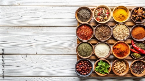 Assortment of Spices and Herbs in Bowls on White Wooden Background