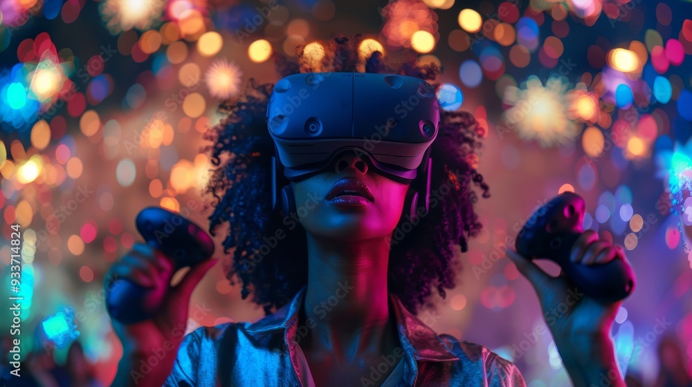 An individual wearing a VR headset and holding controllers An individual wearing a VR headset and holding controllers