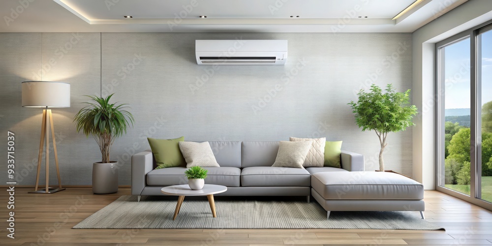 Fototapeta premium Energy efficient air conditioner blending seamlessly with modern living room decor, energy efficient