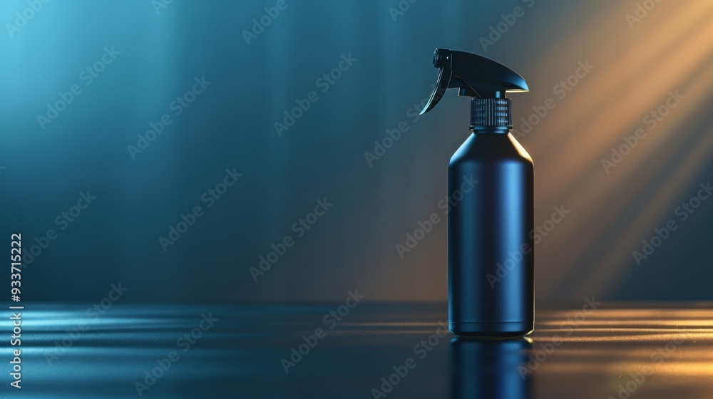 spray bottle with a matte finish standing on a reflective surface with soft lighting spray bottle with a matte finish standing on a reflective surface with soft lighting