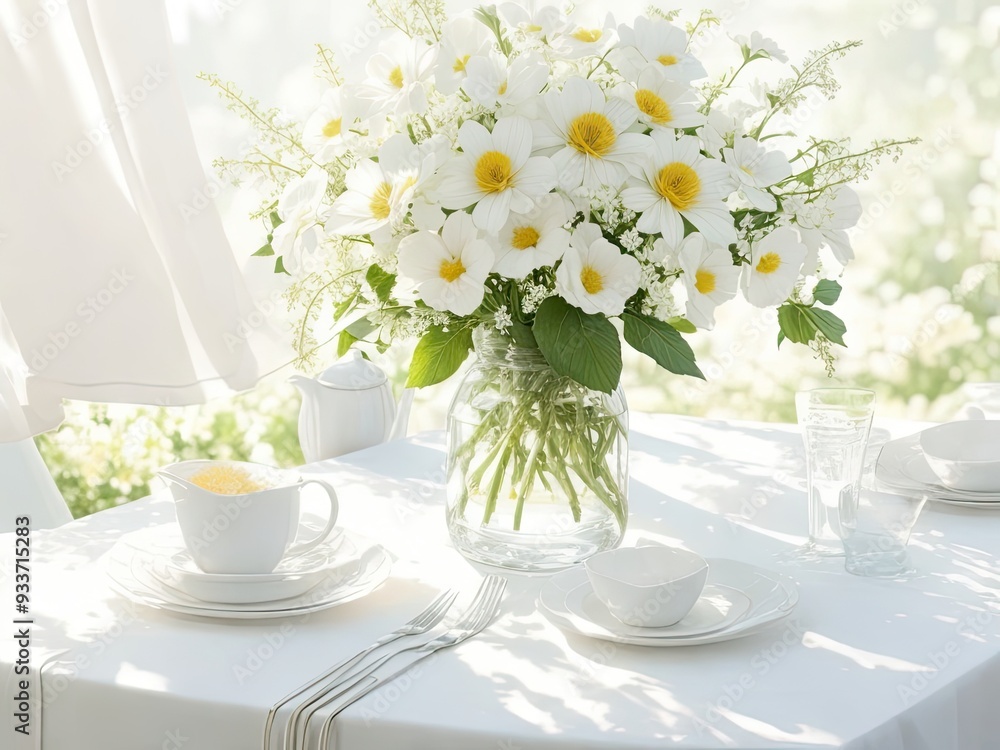 Summer a white table and delicately sunlight flowers Summer a white table and delicately sunlight flowers
