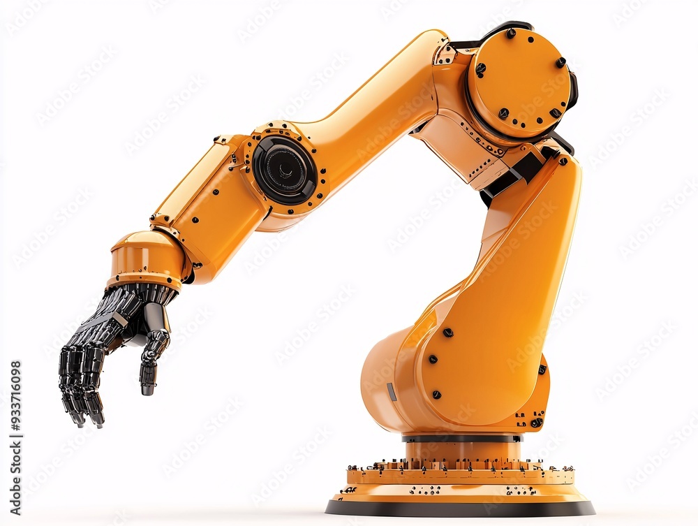 Sleek and Modern High Technology Robot Arm Displayed in a Factory Environment on White Bac Sleek and Modern High Technology Robot Arm Displayed in a Factory Environment on White Bac