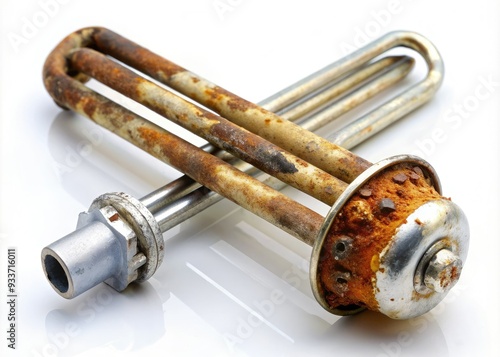 Rusty anode rod and scaled tube of an electric water heater's heating element, revealing signs of corrosion and mineral buildup from prolonged use.