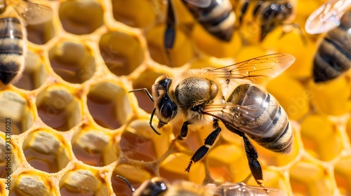 Macro photo of working bees on honeycombs. Beekeeping and honey production image.