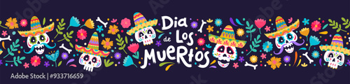 Cute hand drawn Day of the Dead illustrations, seamless pattern, colorful calaveras with detailed sombreros and flower decoration - vector design