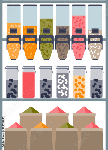 Assorted bulk food containers with various dry goods, symbolizing organized storage and zero-waste shopping.