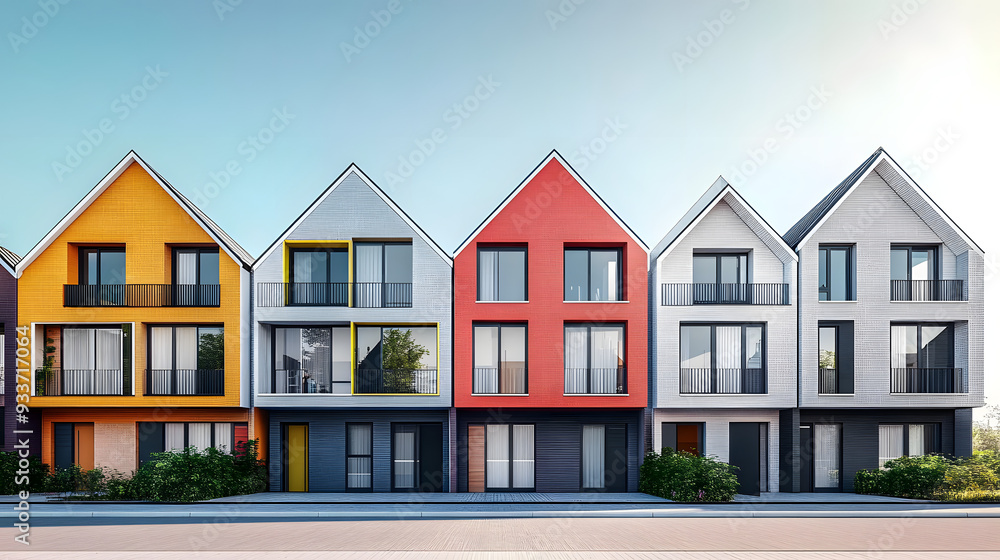 Row of modern houses with different architectural designs and colorful facades Row of modern houses with different architectural designs and colorful facades