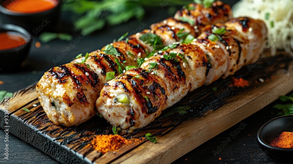 Grilled chicken skewers with sesame seeds. Perfect for food blogs, restaurant menus, and social media posts. Grilled chicken skewers with sesame seeds. Perfect for food blogs, restaurant menus, and social media posts.