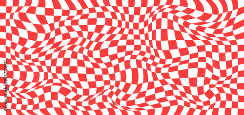 Red and white distorted checkered pattern. Surrealistic checkerboard background. Psychedelic texture in y2k style