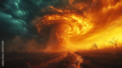 A fiery tornado swirls in the sky, casting an ominous shadow over a barren landscape.