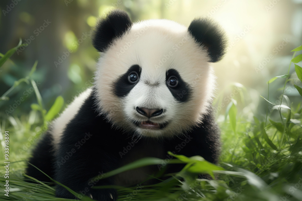 Obraz premium Curious Panda Cub: A captivating portrait of a baby panda with striking blue eyes, looking directly at the camera with a playful curiosity. The soft, green foliage and warm sunlight create a whimsical
