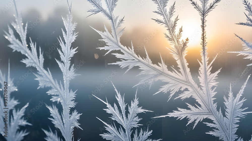 Fototapeta premium A close-up of frost patterns on a window, with intricate, delicate, and crystalline shapes featuring feathery, branch-like tendrils and geometric, angular formations, illuminated by soft, warm, golden