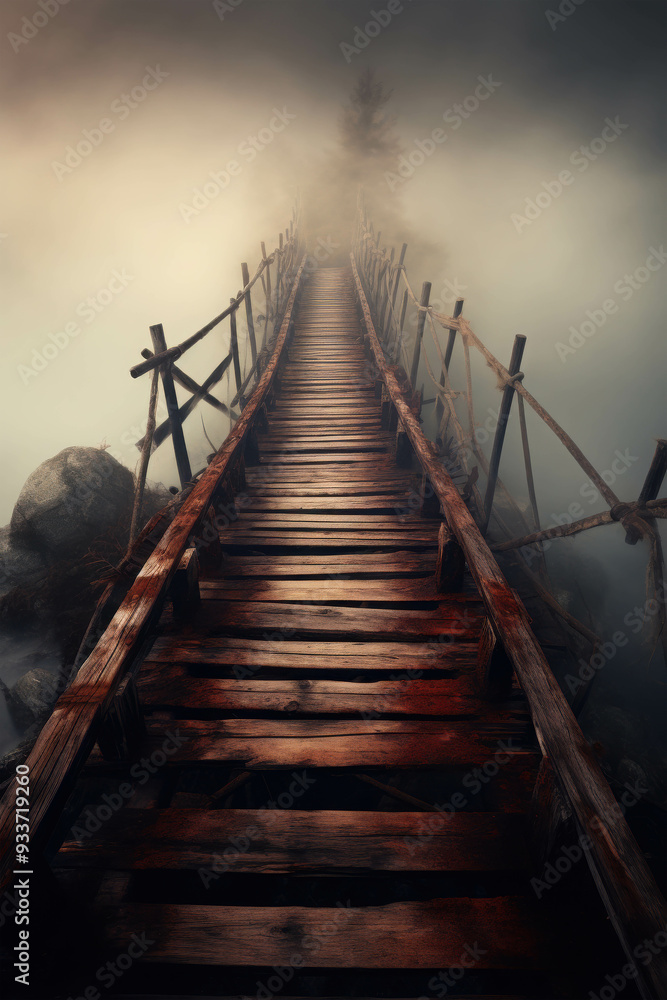 Fototapeta premium Bridge into the Unknown: A weathered wooden bridge stretches into a mystical fog, inviting adventure and contemplation. 