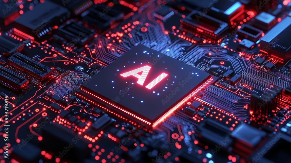 Fototapeta premium AI processor on red-lit circuit board
