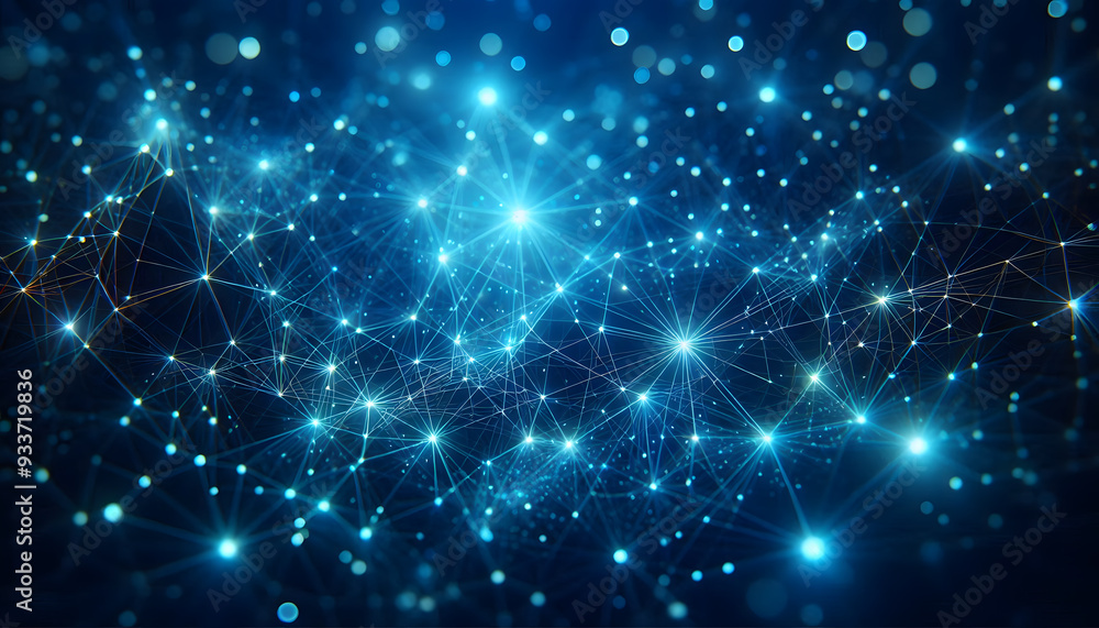 The blue background has glowing dots and lines connecting them, creating a network pattern. The blue background has glowing dots and lines connecting them, creating a network pattern.