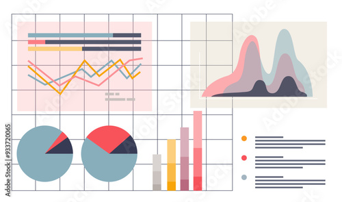 Assorted data visualization graphics including pie charts, bar graphs, and line charts, representing statistical analysis.