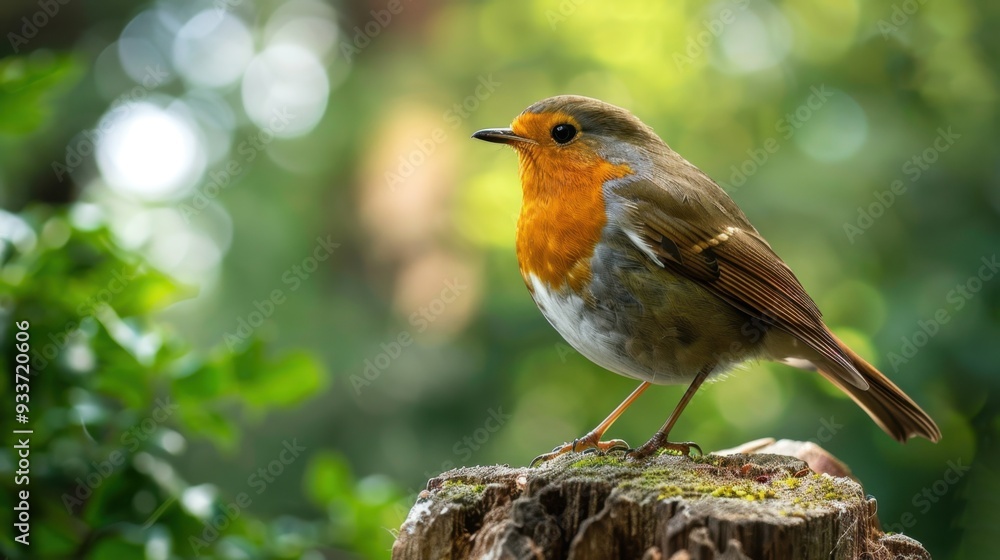 Fototapeta premium A Robin Perched on a Mossy Stump in a Forest Setting