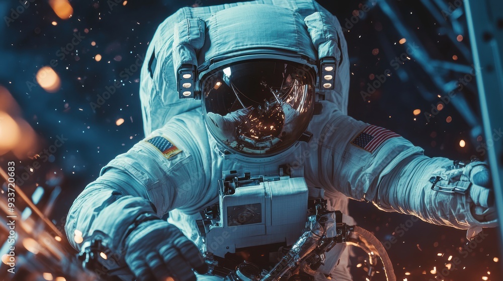 Fototapeta premium Astronaut on Spacewalk Repairing Damaged Satellite in Outer Space