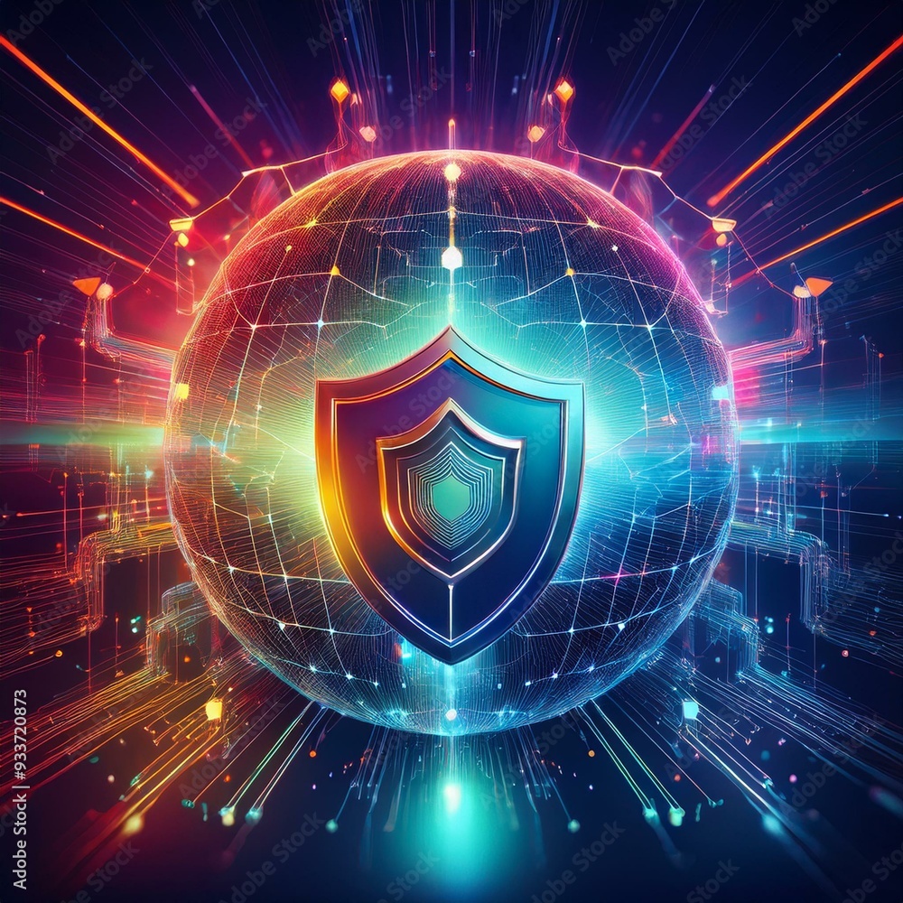 Obraz premium Cybersecurity shield surrounding a globe with digital connections, symbolizing global business protection, technology security world