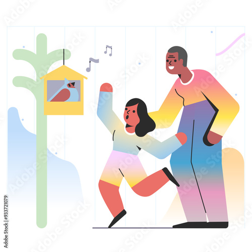 Man and girl looking at the bird in birdhouse