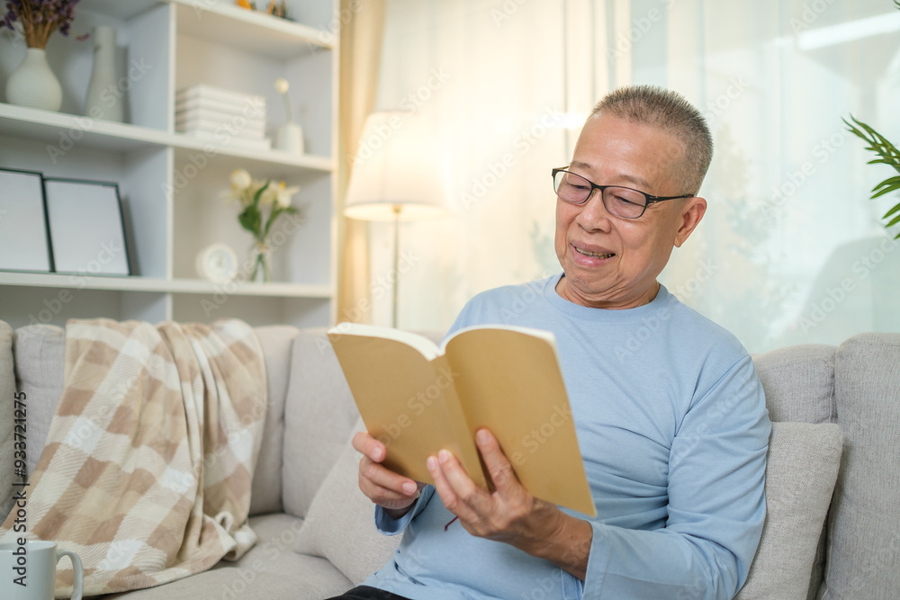 Senior man sits comfortably on a beige sofa in a bright and cozy living room, engrossed in reading a book. Senior man sits comfortably on a beige sofa in a bright and cozy living room, engrossed in reading a book.
