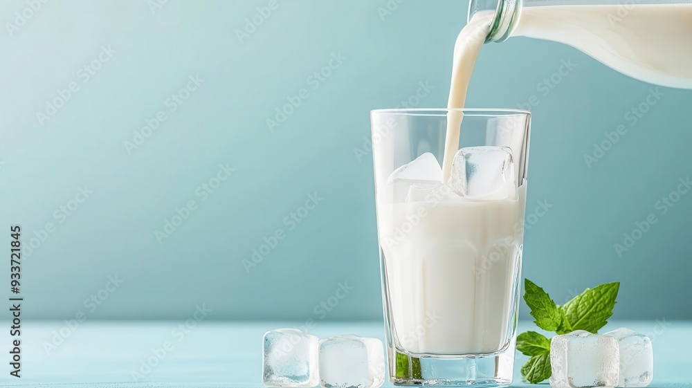 Almond milk being poured over ice cubes in a tall glass, photorealistic, refreshing plant-based drink on a summer day Almond milk being poured over ice cubes in a tall glass, photorealistic, refreshing plant-based drink on a summer day