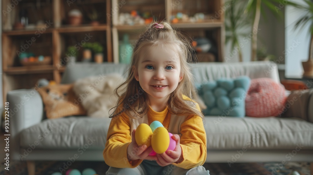 Fototapeta premium Happy Little Girl Holding Easter Eggs