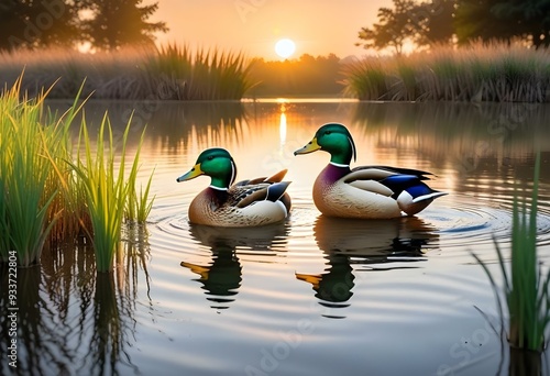 Two ducks swimming in a pond during a beautiful sunset, with the sun's reflection on the water and tall grass in the background photo