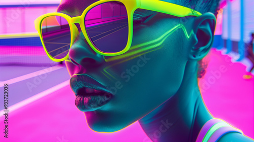 Neon Urban Portrait with Vibrant Sunglasses Reflection