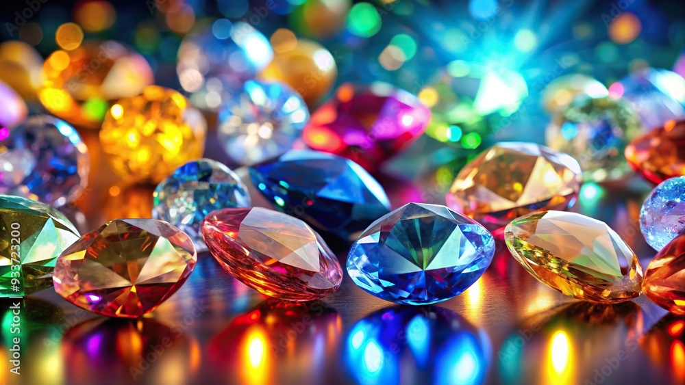 Colorful gemstones shimmering with light reflections, precious, jewels, sparkle, elegance, opalescent, spectrum, transparent,gemstones, glowing, translucent, polished, radiant, dazzling Colorful gemstones shimmering with light reflections, precious, jewels, sparkle, elegance, opalescent, spectrum, transparent,gemstones, glowing, translucent, polished, radiant, dazzling