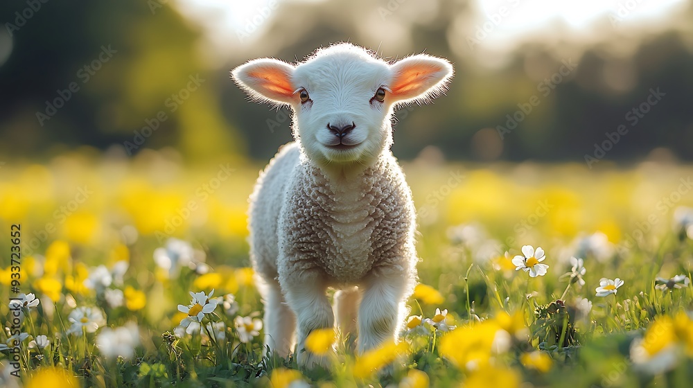 A fluffy white lamb stands in a field of yellow dandelions, looking directly at the camera with a sweet expression. A fluffy white lamb stands in a field of yellow dandelions, looking directly at the camera with a sweet expression.