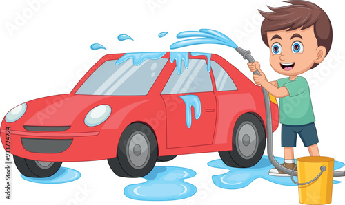 happy little boy washing car cartoon