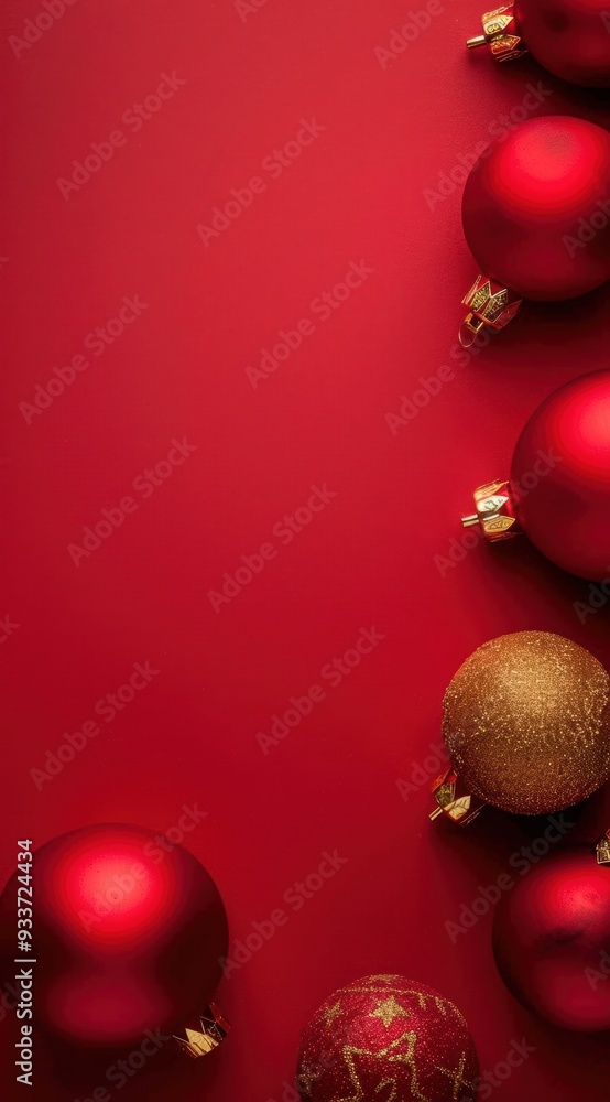 *red background with r gold Christmas ornaments on the right and left sides, red color scheme *red background with r gold Christmas ornaments on the right and left sides, red color scheme
