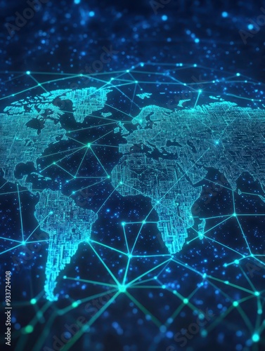 A digital world map with glowing blue and green lines connecting cities, set against a starry background, scifi style