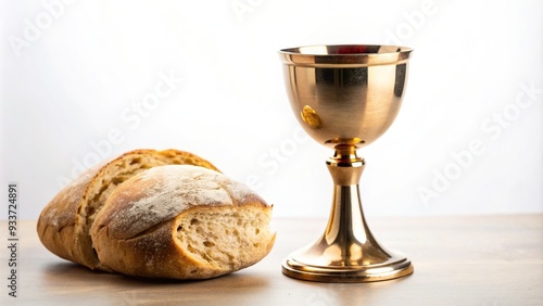 A medium shot stock photo of a holy communion chalice with wine and bread isolated on a white background, Christianity sacrament,holy communion, religious icon, faith, wine
