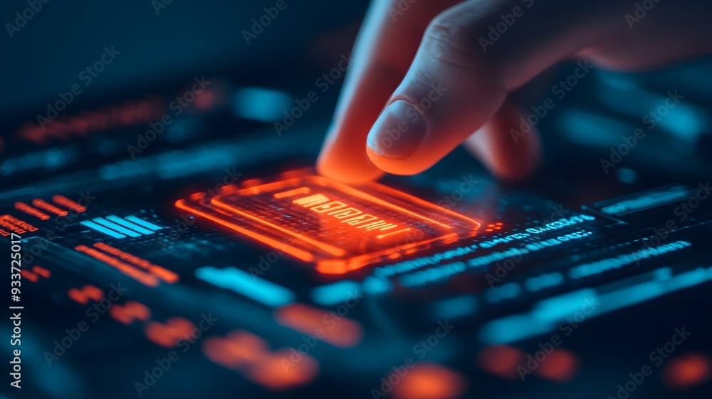 Finger Touching Futuristic Interface with Neon Glow Finger Touching Futuristic Interface with Neon Glow
