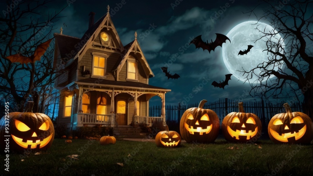 halloween house with pumpkin and bats full moon midnight darkness background halloween house with pumpkin and bats full moon midnight darkness background