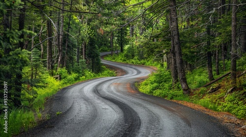 winding forest service road, single lane, paved, green environment