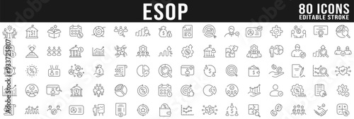 Big set of ESOP related line icons. Emploee, plan, ownership, stock, profit etc. Editable stroke.