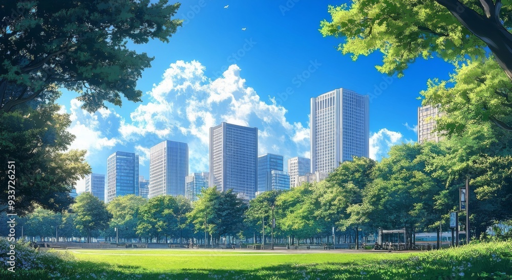 Obraz premium Beautiful Anime-Style Park with Tall Buildings and Blue Sky