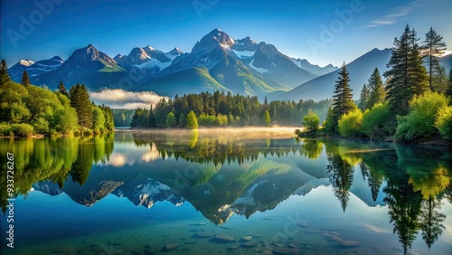 Serene landscape of a still lake reflecting majestic mountains and lush greenery under a clear blue sky with a subtle misty atmosphere. photo