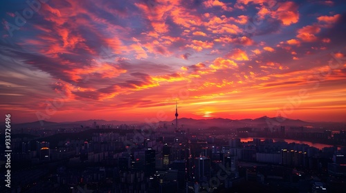 Sunset of Seoul City and Seoul Tower South Korea.