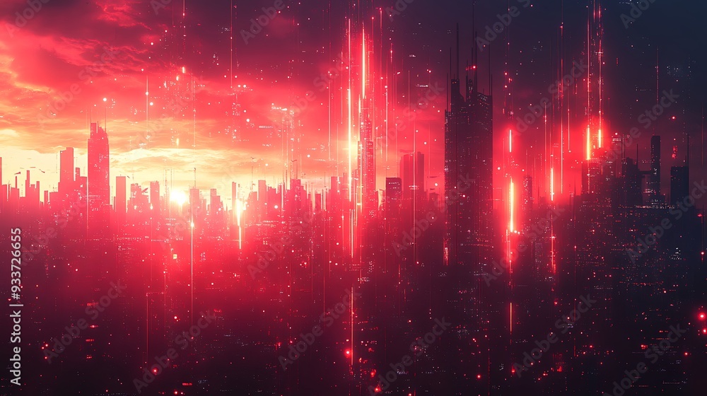 Obraz premium A futuristic cityscape with glowing red lights against a dark sky at sunset.