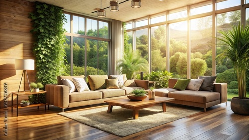 Serene living room with plush couch, natural wood accents, and lush greenery, bathed in warm sunlight streaming through floor-to-ceiling windows.