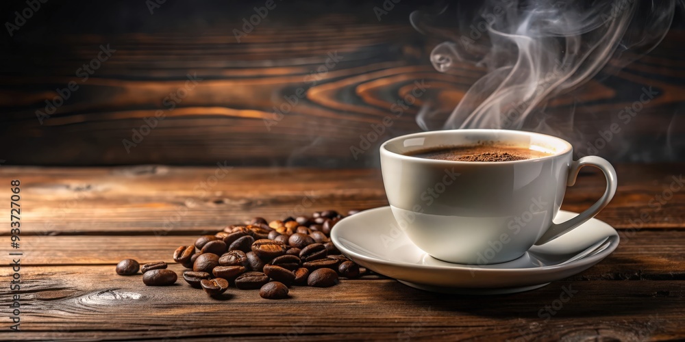 Close-up of freshly brewed coffee in a white ceramic mug on a wooden table with steam rising, coffee, beverage, morning, drink Close-up of freshly brewed coffee in a white ceramic mug on a wooden table with steam rising, coffee, beverage, morning, drink