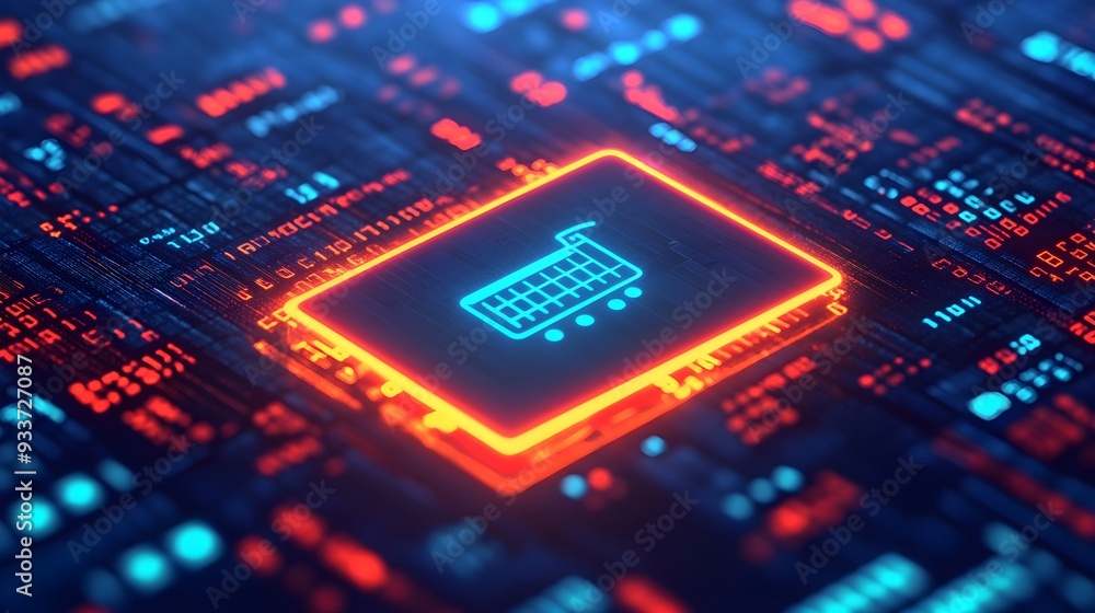 Neon Shopping Cart Icon on Digital Circuit Board Neon Shopping Cart Icon on Digital Circuit Board