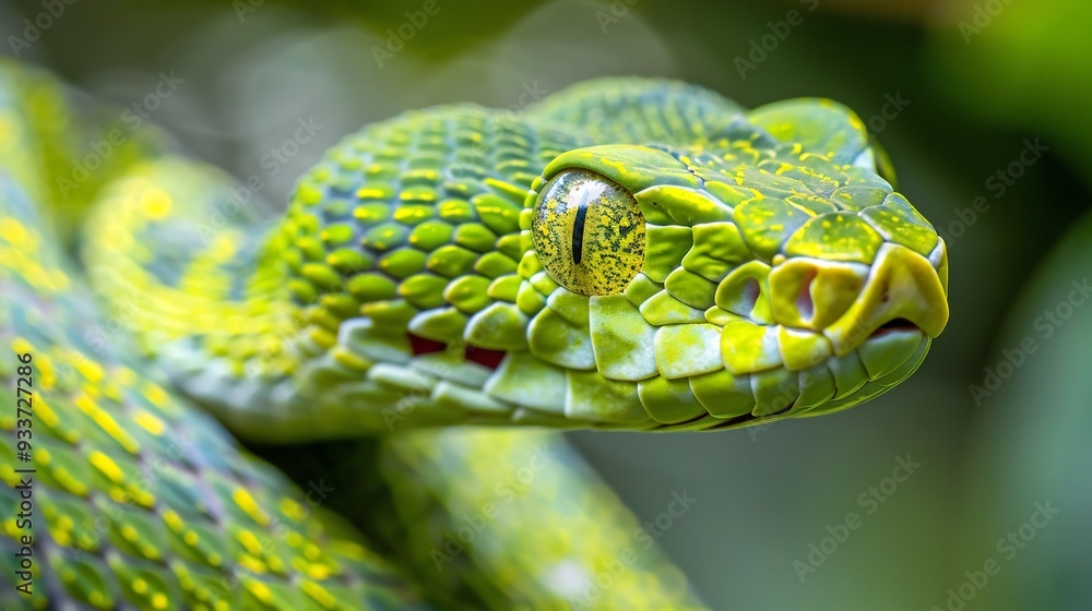 Fototapeta premium Green Tree Viper Close-Up with Intriguing Eye