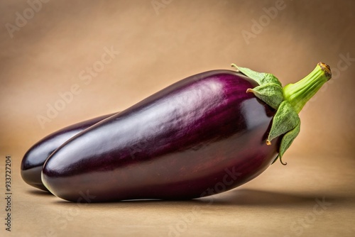 A large dark purple eggplant with a green stem lying on a beige background, vegetable, vibrant, ripe, healthy, agriculture, natural, gloss, green, food, stem, crop, organic, glossy